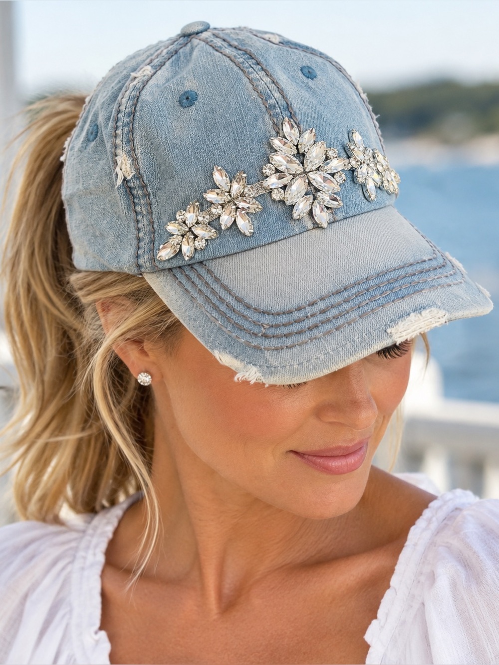 NWT Sparkling Distressed Denim Hat